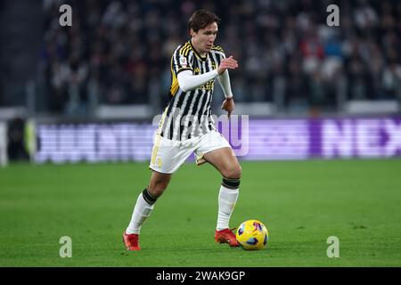 Torino, Italia. 4 gennaio 2024. Federico Chiesa della Juventus FC in azione durante la partita di Coppa Italia tra Juventus FC e Us Salernitana allo stadio Allianz il 4 gennaio 2024 a Torino. Crediti: Marco Canoniero/Alamy Live News Foto Stock