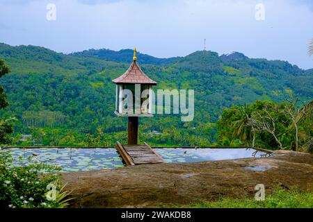 Una piccola statua di Buddha situata nel mezzo di uno splendido paesaggio collinare a kandy, sri lanka Foto Stock