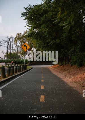 Una strada panoramica e tortuosa fiancheggiata da alberi e vegetazione lussureggiante si estende in lontananza. Foto Stock