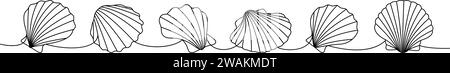 Set di gusci subacquei. Conchiglie, molluschi, capesante, perle. Conchiglie subacquee tropicali, illustrazione continua a una riga. Illustrazione Vettoriale