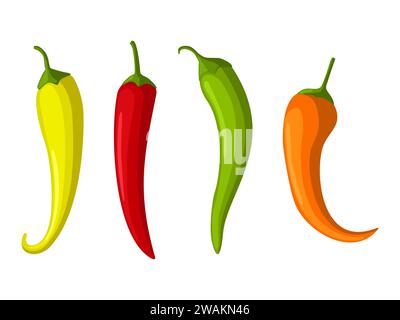 Peperoni rossi caldi, gialli e verdi, isolati su sfondo bianco, cartoni animati di peperoncino messicano, insegne con icone di paprika. Simboli del cibo piccante, cayenne pep Illustrazione Vettoriale