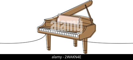 Pianoforte a coda a una linea disegno continuo a colori. Strumenti musicali illustrazione continua su una riga. Illustrazione lineare minimalista vettoriale. Illustrazione Vettoriale