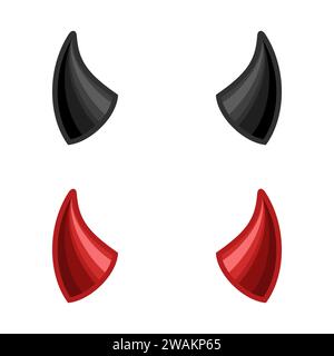 Corna del diavolo isolate su sfondo bianco, icona di corno satana demonio rosso e nero. Simbolo del mostro. Illustrazione vettoriale. Illustrazione Vettoriale