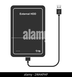 Icona dell'unità disco rigido esterna con cavo USB isolato su sfondo scuro. HDD esterno portatile. Illustrazione del vettore dell'unità di memoria Illustrazione Vettoriale