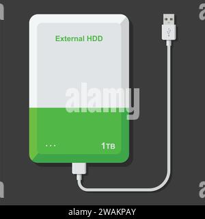 Unità disco rigido esterna con cavo USB isolato su sfondo scuro. HDD esterno portatile. Illustrazione del vettore dell'unità di memoria Illustrazione Vettoriale