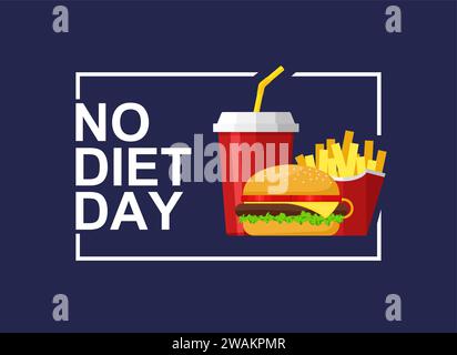 Illustrazione vettore International No Diet Day (giornata internazionale senza dieta) su sfondo blu. Icona cibo spazzatura. Fast food, adatto per biglietti d'auguri, poster e striscioni. Illustrazione Vettoriale