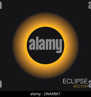 Eclissi totale del sole con raggi di luce gialla nel cielo scuro. Vettore di eclissi solare Illustrazione Vettoriale