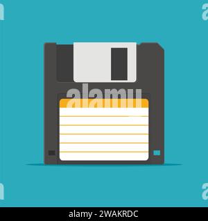 Icona del disco floppy nero in stile piatto isolata su sfondo blu. Vecchio supporto dati del dischetto HD. Illustrazione vettoriale Illustrazione Vettoriale