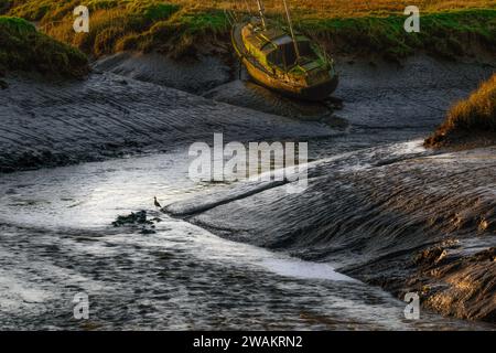 The Wreck, The River and a Curlew, River Conder n the Lune Estuary, Lancaster Foto Stock