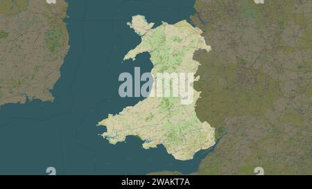 Galles - Gran Bretagna evidenziata su una mappa topografica in stile umanitario OSM Foto Stock