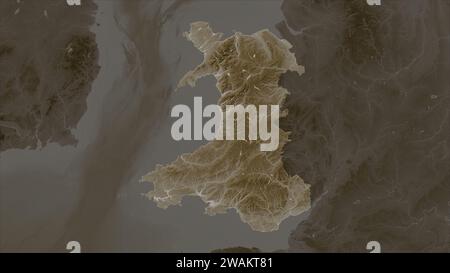 Galles - Gran Bretagna evidenziata su una mappa di elevazione colorata in tonalità seppia con laghi e fiumi Foto Stock