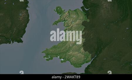 Galles - Gran Bretagna evidenziata su una mappa di elevazione color pale con laghi e fiumi Foto Stock