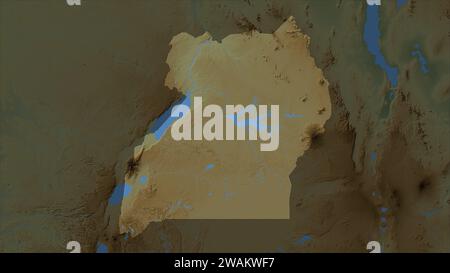 L'Uganda è evidenziata su una mappa colorata con laghi e fiumi Foto Stock