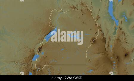 L'Uganda è delineato su una mappa colorata con laghi e fiumi Foto Stock
