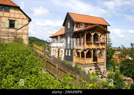 Case a graticcio a Blankenburg, Monti Harz, Sassonia-Anhalt, Germania, Europa Foto Stock