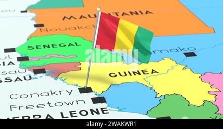 Guinea, Conakry - bandiera nazionale fissata sulla mappa politica - illustrazione 3D. Foto Stock