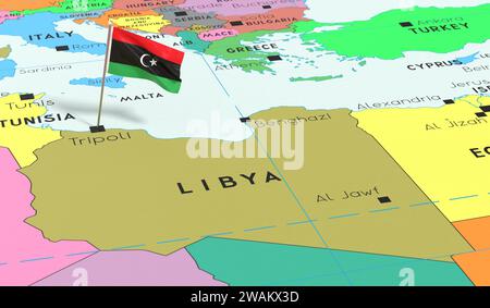 Libia, Tripoli - bandiera nazionale fissata sulla mappa politica - illustrazione 3D. Foto Stock