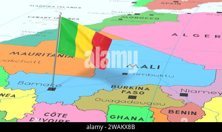 Mali, Bamako - bandiera nazionale fissata sulla mappa politica - illustrazione 3D. Foto Stock