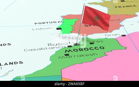 Marocco, Rabat - bandiera nazionale fissata sulla mappa politica - illustrazione 3D. Foto Stock