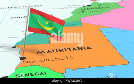 Mauritania, Nouakchott - bandiera nazionale fissata sulla mappa politica - illustrazione 3D. Foto Stock
