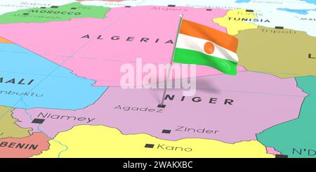 Niger, Niamey - bandiera nazionale fissata sulla mappa politica - illustrazione 3D. Foto Stock