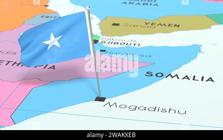 Somalia, Mogadiscio - bandiera nazionale fissata sulla mappa politica - illustrazione 3D. Foto Stock