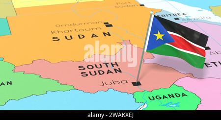 Sudan del Sud, Giuba - bandiera nazionale fissata sulla mappa politica - illustrazione 3D. Foto Stock