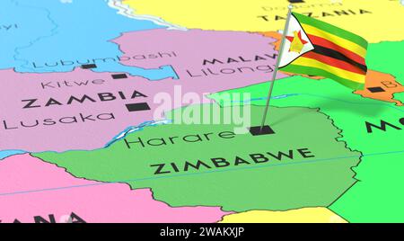 Zimbabwe, Harare - bandiera nazionale fissata sulla mappa politica - illustrazione 3D. Foto Stock