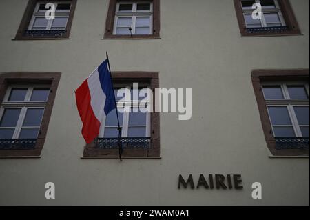 Vista panoramica sulla facciata del municipio di Sélestat con la bandiera francese sventolante e il cartello scritto in francese, Alsazia Francia. Foto Stock