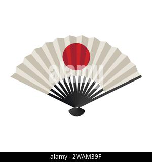 Ventola a mano isolata su sfondo bianco, ventola pieghevole giapponese con insegna del sole, tradizionale icona di geisha di carta asiatica. Illustrazione vettoriale Illustrazione Vettoriale