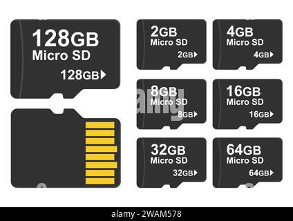 Set di schede micro SD isolato su sfondo bianco. Illustrazione vettoriale Illustrazione Vettoriale