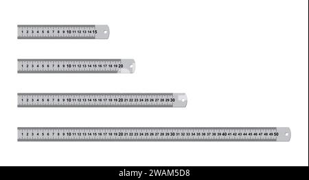 Set di strumenti di misurazione con righelli metallici isolati su sfondo bianco. righelli da 15, 20, 30, 50 centimetri. Misura cm strumento metro, scuola metallizzato pollici rul Illustrazione Vettoriale