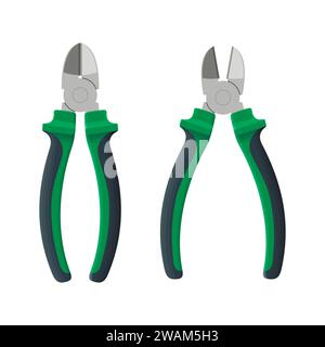I tagliafili si aprono e chiudono isolati su sfondo bianco. Utensili manuali per costruzioni e riparazioni con manici in plastica. Cesoia laterale realistica vec Illustrazione Vettoriale