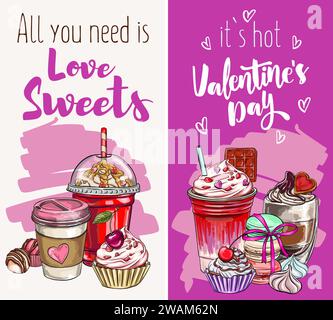 Set illustrativo per disegni a tema San Valentino, biscotti al caffè, cioccolatini, caramelle, fai da te, stampa digitale, design di t-shirt, adesivi, insegne da bar Illustrazione Vettoriale