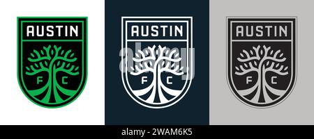 Austin FC colore bianco e nero Logo a 3 stili squadra di calcio professionale USA illustrazione vettoriale immagine astratta modificabile Illustrazione Vettoriale