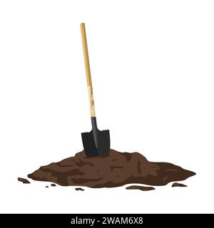 Pala in un cumulo di terreno isolato su sfondo bianco. Attrezzatura per attività all'aperto, scavo, giardinaggio. Attrezzature per l'edilizia in un cumulo di sporcizia. V Illustrazione Vettoriale