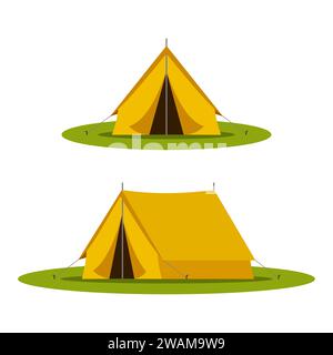 Tenda turistica da campeggio gialla in viaggi all'aperto su sfondo bianco. Illustrazione vettoriale per turismo naturalistico, viaggio, avventura Illustrazione Vettoriale