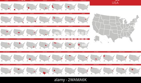 Mappa degli stati Uniti. Mappa degli Stati Uniti d'America in stile piatto. Mappa degli stati federali selezionati isolata su sfondo bianco. Illustrazione vettoriale Illustrazione Vettoriale