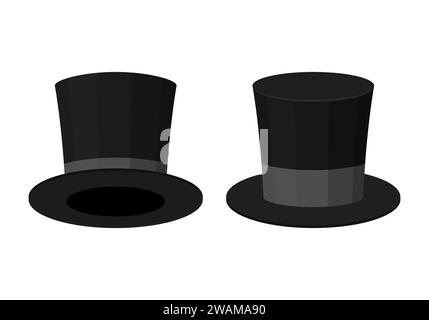 Black Top Hat isolato su sfondo bianco. Cappello da gentiluomo cilindrico, cappello magico a setole larghe con nastro grigio. Accessorio elegante per uomo. Illustrati vettoriali Illustrazione Vettoriale