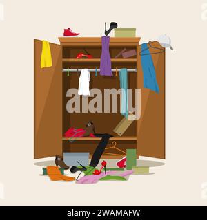 Guardaroba aperto con abiti disordinati. Armadio con abiti disordinati, abiti, camicie, scatole e scarpe. Mobili in legno naturale. Illustrazione vettoriale. Illustrazione Vettoriale