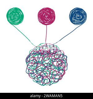 Sgrossatura groviglio groviglio. Concetto di psicoterapia. Metafora della risoluzione dei problemi, del caos e del caos, della situazione difficile. Lo psicologo svela il Tang aggrovigliato Illustrazione Vettoriale