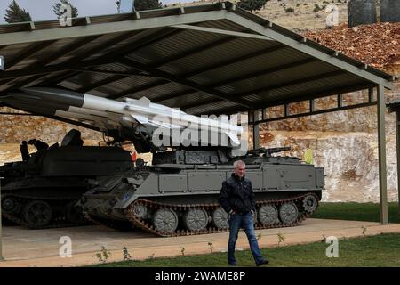 Baalbek Libano 5 Gennaio 2024 I Visitatori Passano Davanti Alle Foto   Baalbek Libano 5 Gennaio 2024 Un Visitatore Cammina Di Fronte Alla Superficie Russa Verso Il Missile Aereo Sam 6 Esposto Insieme All Artiglieria Pesante Al Partito Museo Jihadi Nella Citta Di Baalbek Crediti Marwan Naamani Dpa Alamy Live News 2wame8p 