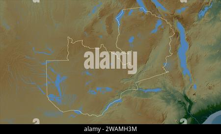 Lo Zambia è delineato su una mappa colorata con laghi e fiumi Foto Stock