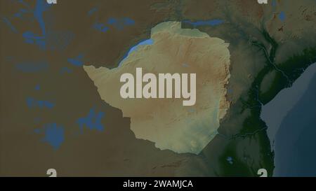 Zimbabwe evidenziato su una mappa colorata di altitudine con laghi e fiumi Foto Stock