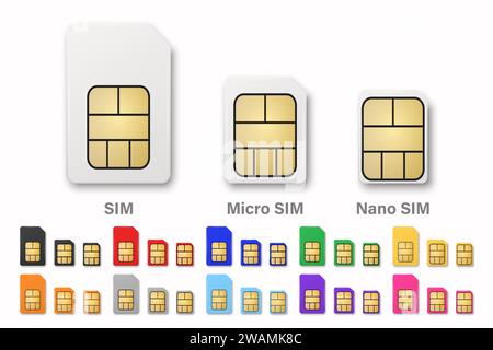 Set di schede SIM Vector Realistic. Primo piano della scheda SIM isolato nella vista frontale. Modello di progetto per Mockup. Dimensioni standard, micro e nano Illustrazione Vettoriale