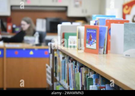 Libri per bambini sfocati in una biblioteca con bibliotecaria sfocata sullo sfondo. Foto Stock