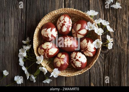 Uova di Pasqua marroni tinte naturalmente con bucce di cipolla e fiori di cipolla freschi Foto Stock