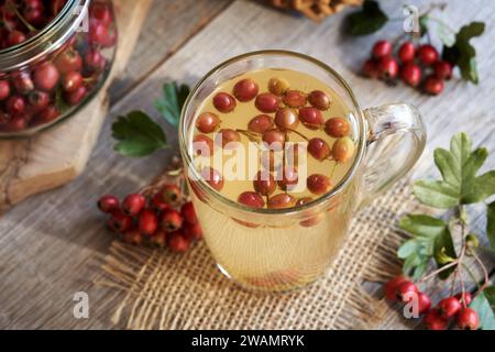 Tè alle erbe in una tazza di vetro con bacche di biancospino fresche Foto Stock