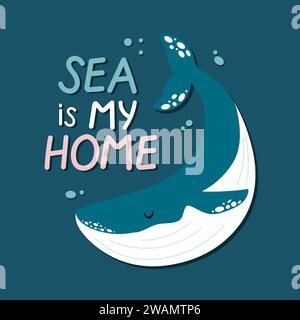 Il mare e' il mio disegno fatto a mano con la balena. Concetto di protezione vettoriale del mare per bambini. Illustrazione Vettoriale