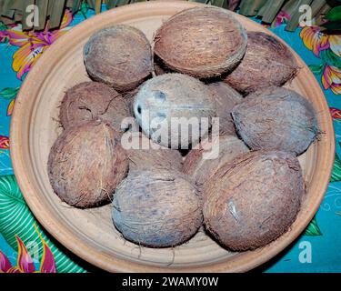 Diverse noci di cocco, sgusciate, all'interno di una ciotola di argilla Foto Stock